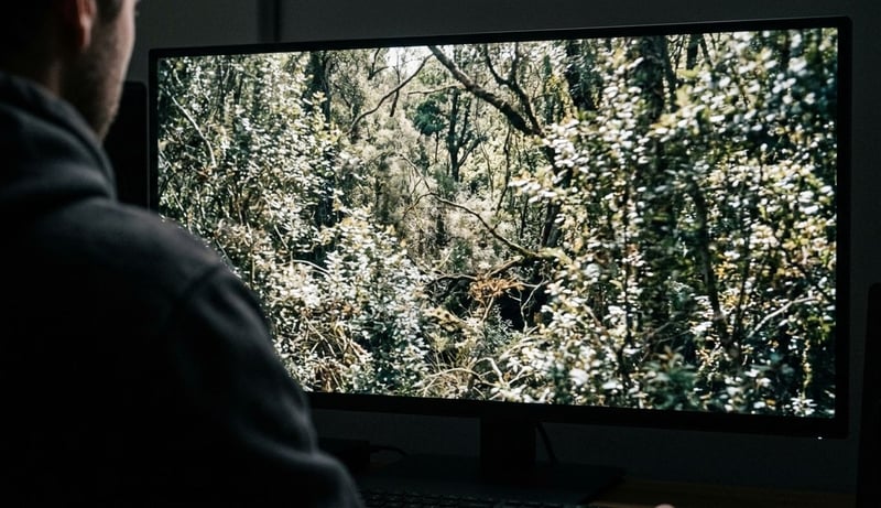A creator inspecting shimmering texture in an AI clip on a studio monitor