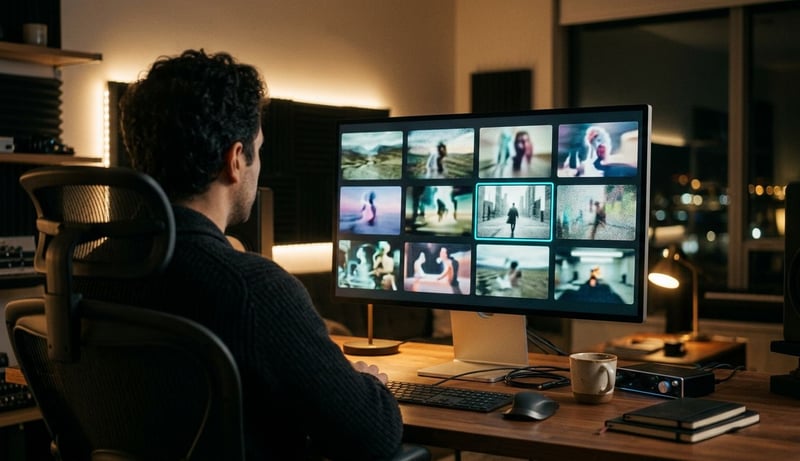 A creator iterating AI video clips cheaply at low resolution and selecting the keeper on a studio workstation