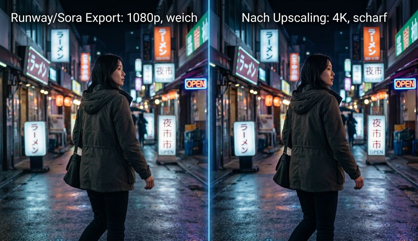 Konzeptvergleich eines weichen KI-Video-Exports und eines auf 4K hochskalierten Ergebnisses