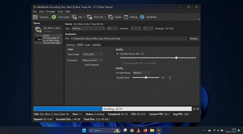 HandBrake step-by-step encoding process showing video tab settings and progress bar