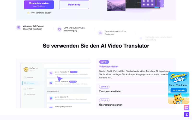 Offizielle UniFab Produktseite zum Drei-Schritte-Workflow