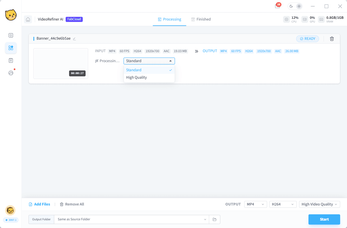 UniFab VideoRefiner AI — choose Standard or High Quality processing mode, then click Start