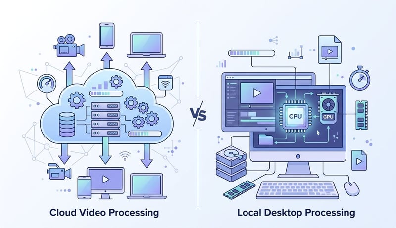 Konzept: Cloud-Verarbeitung vs lokale Desktop-Verarbeitung (Konzeptbild)
