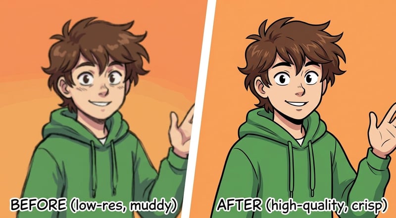 Before and after upscaling an AI motion comic to 4K with clean lines and screentones using UniFab