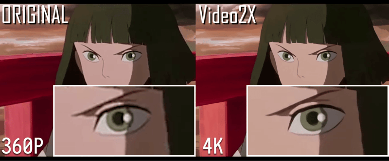 Video2x 4k upscaling effect on animation video