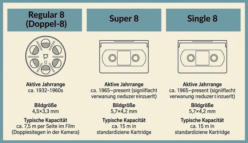 Vergleich Super 8 vs Regular 8 vs Single 8 als Infografik — Bildgrößen, Spulen vs Kassetten, Aktivzeitraum nebeneinander