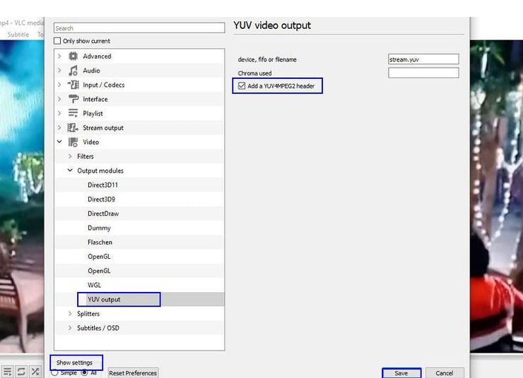  YUV output module setting in VLC