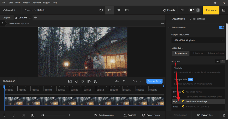 how to denoise video with topaz nyx model - step 2