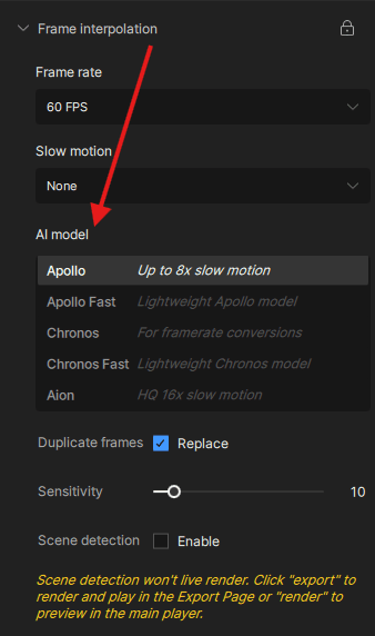 topaz video ai frame interpolation models