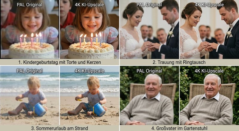 Vorher-Nachher-Vergleichsraster aus vier verschiedenen Familienbändern – jeweils PAL-Originalscan links, 4K-Upscale rechts