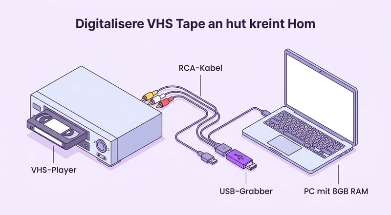 Hardware-Setup für VHS-Digitalisierung: VHS-Player, RCA-Kabel, USB-Grabber und Laptop