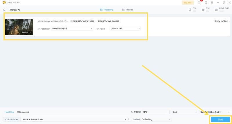 UniFab Denoise AI processing controls for local video cleanup