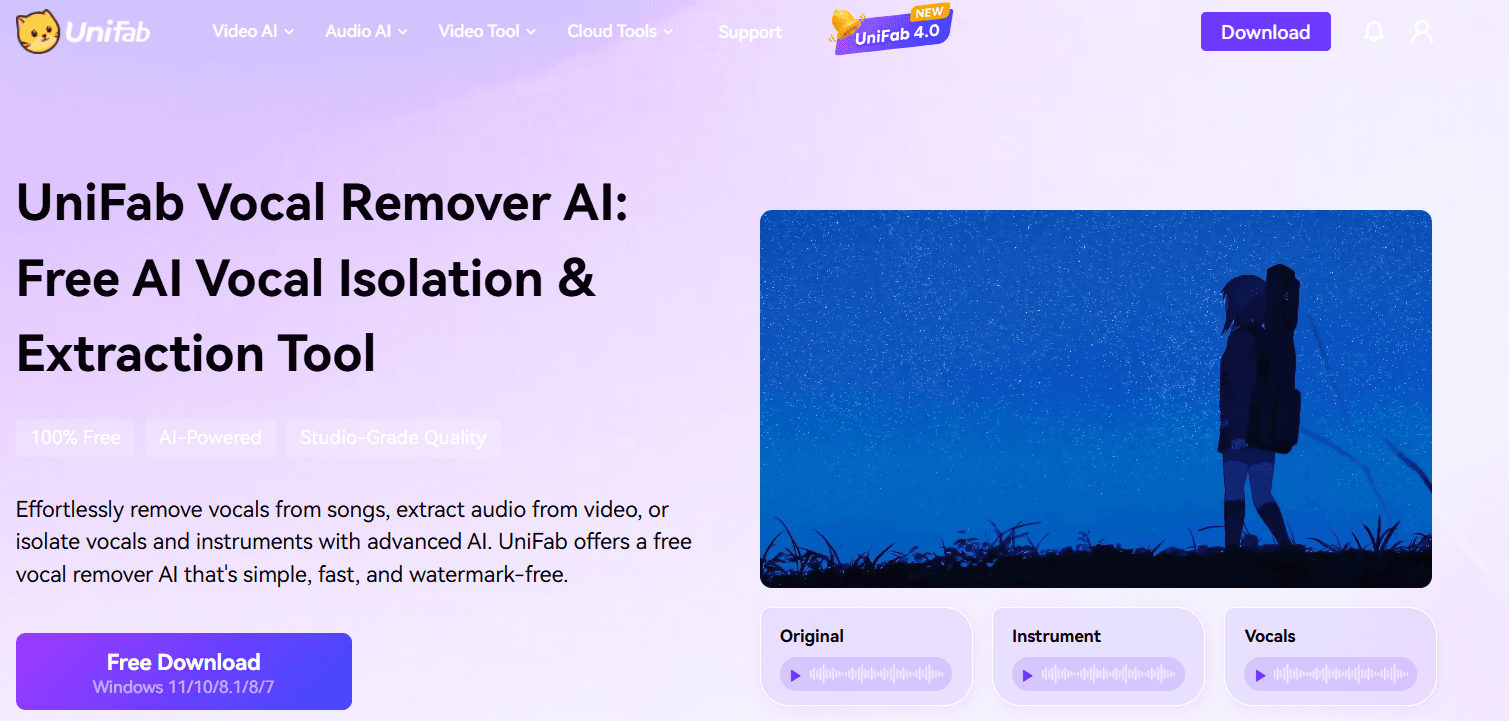 UniFab Vocal Remover AI local video vocal isolation workspace
