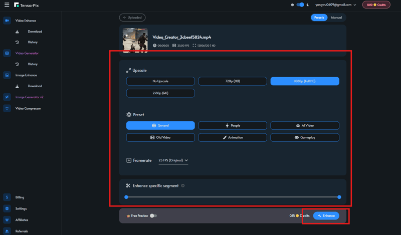 how to enhance video quality free by Tensorpix - step 2
