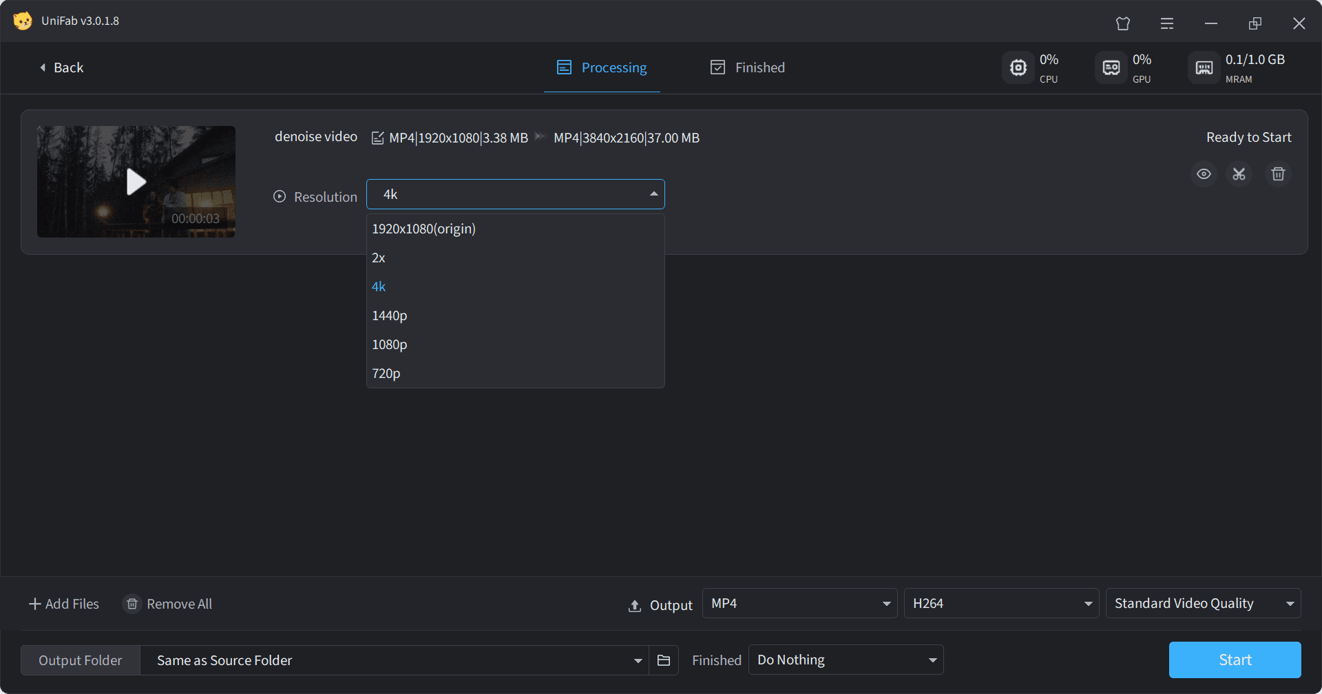 degrain video in unifab - step 3