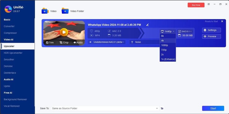 ai video upsacler unifab interface