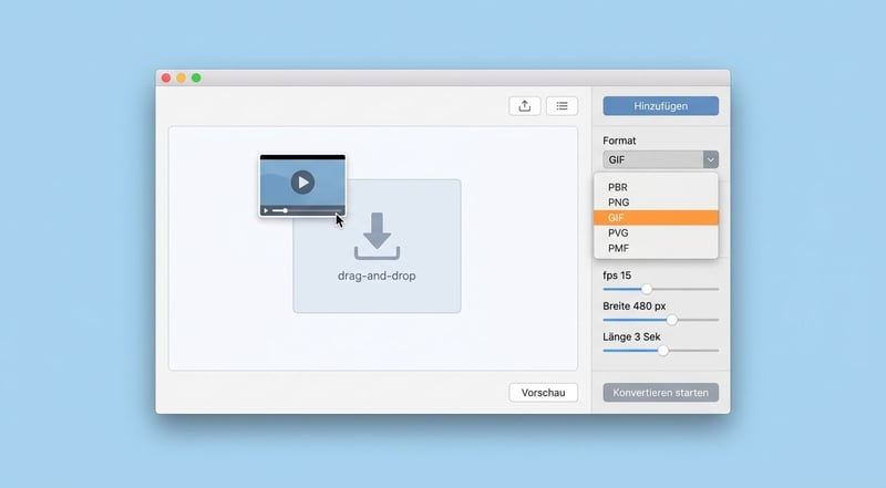 Konzept-Illustration eines Desktop-Video-Converters mit GIF-Format-Auswahl und fps Breite Länge Reglern