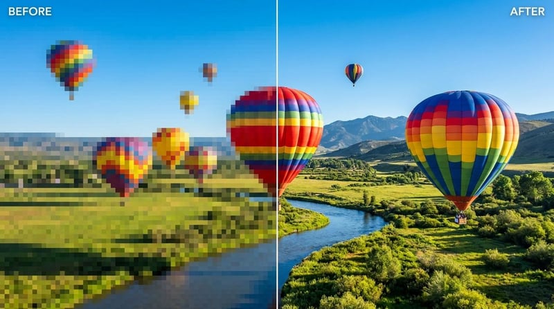 Before and after: a blocky mosaic video frame restored to sharp detail with an AI mosaic remover