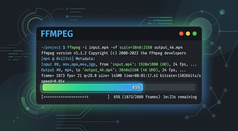 Konzept FFmpeg Upscaling Befehl Terminal
