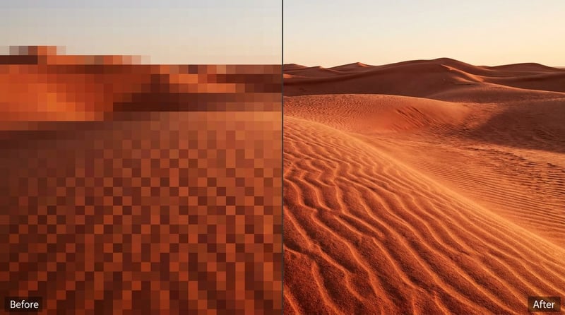 Before and after: a blocky mosaic video frame cleaned up with an online AI mosaic remover