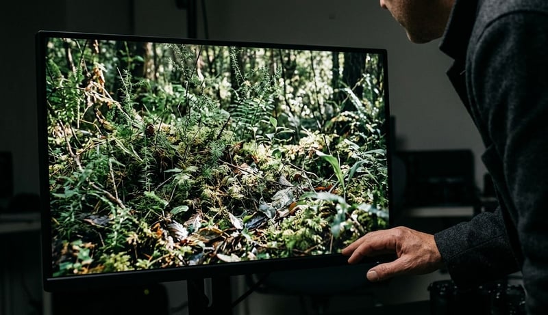 A creator inspecting shimmering background detail in a Veo clip on a studio display