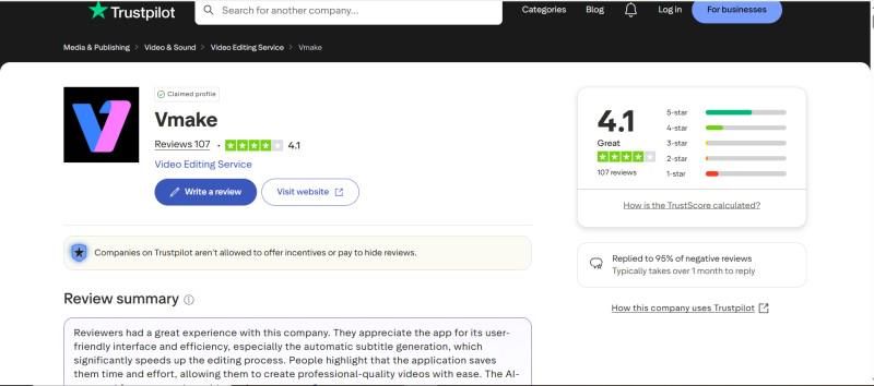 Vmake AI Free Video Enhancer Trustpilot Rating.jpg