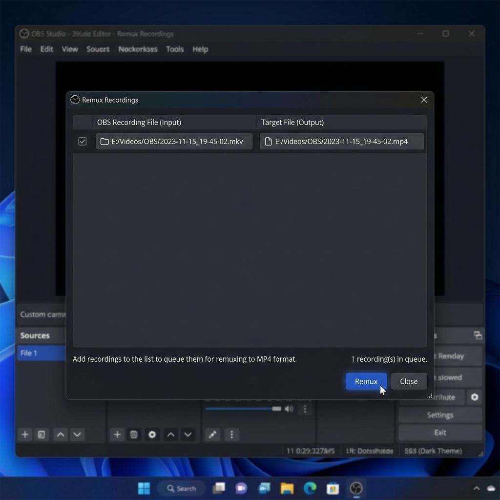 OBS Studio Remux Recordings dialog converting an MKV container to MP4