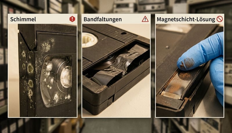 Drei Warnzeichen am VHS-Band visualisiert – Schimmel-Flecken / Bandfaltungen / Magnetschicht-Lösung mit Markierungen