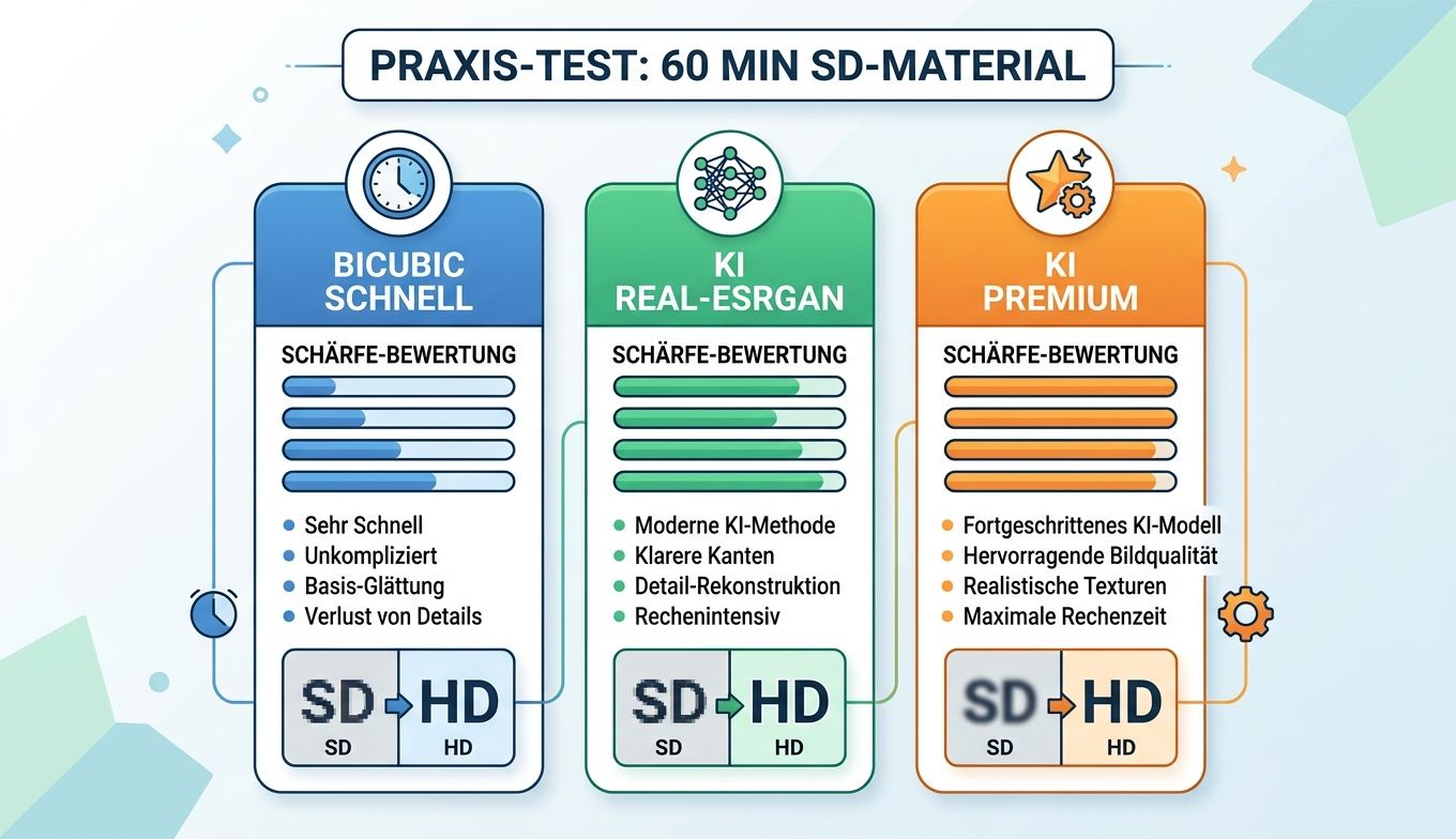 Methodenvergleich für 60 Minuten SD-Material mit 1080p-Ausgabe