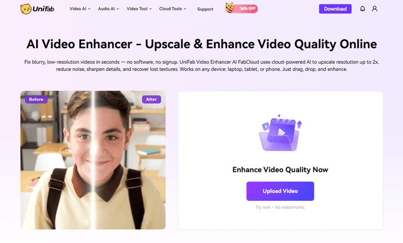 UniFab Video Enhancer AI Cloud official website screenshot