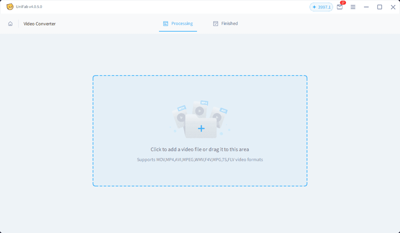 UniFab Video Converter main workspace with drag-and-drop area showing supported YouTube video formats MP4 MKV MOV AVI