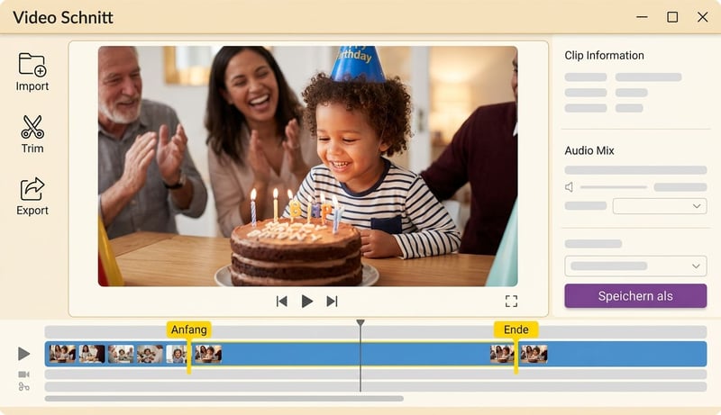 Screenshot der UniFab Video Converter Schnittoberfläche – Zeitleiste mit zwei Marker, Vorschaufenster mit Familienurlaubsvideo, Export-Button rechts