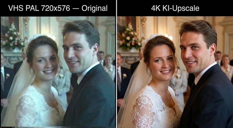 Vorher-Nachher-Vergleich VHS PAL 720x576 vs 4K KI-Upscale – nahes Brautpaar-Gesicht in beiden Auflösungen