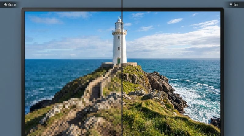 Before and after: a pixelated lighthouse-coast video frame restored to sharp detail with AI