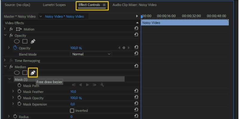 Premiere Pro mask limiting Median denoising to a noisy region