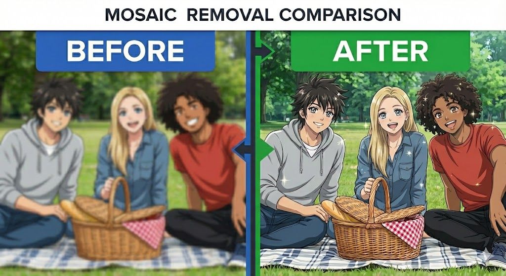 AI動画補正で周囲の画素からモザイク部分を推定する画面