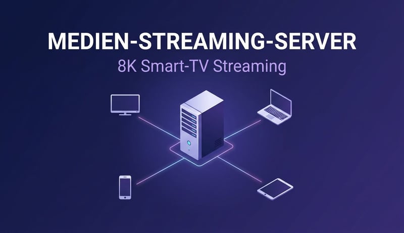 Medien-Streaming-Server Konzept — 8K Smart-TV Streaming auf TV, Laptop, Tablet, Smartphone