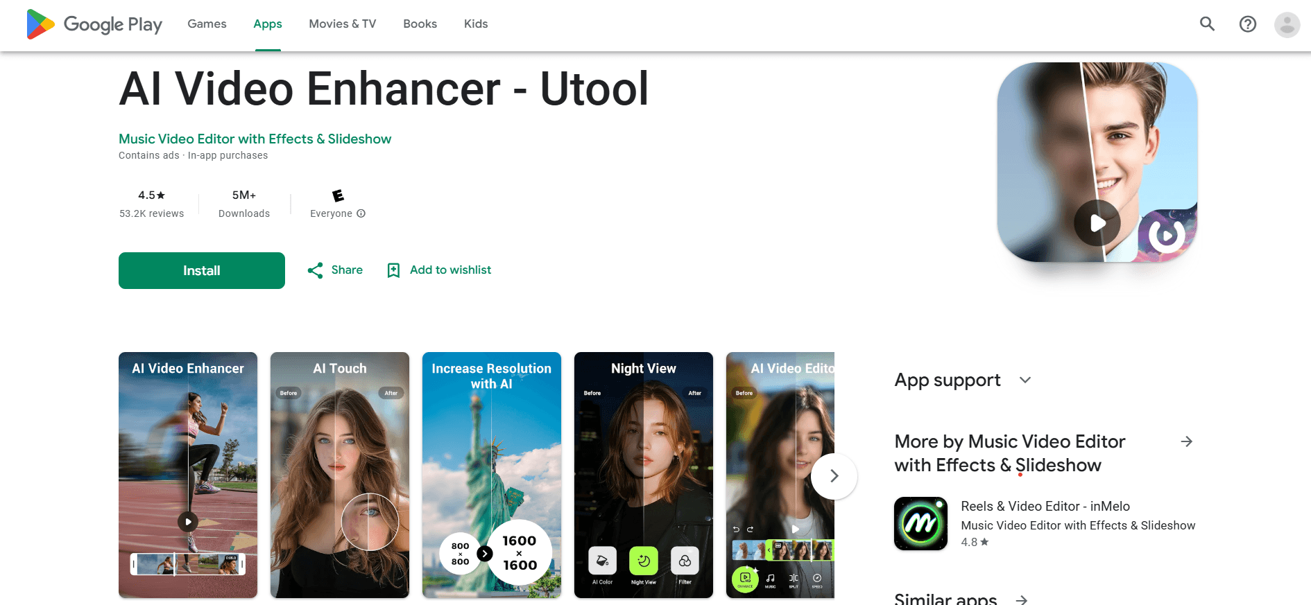 UTool mobile editor showing AI video enhancement controls