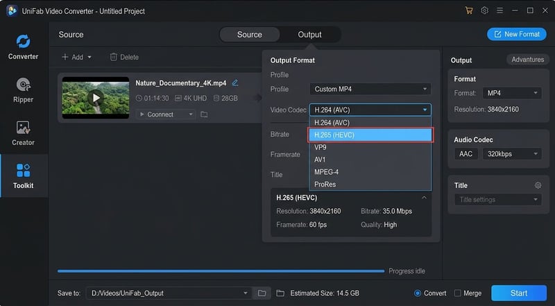 UniFab Codec-Auswahl