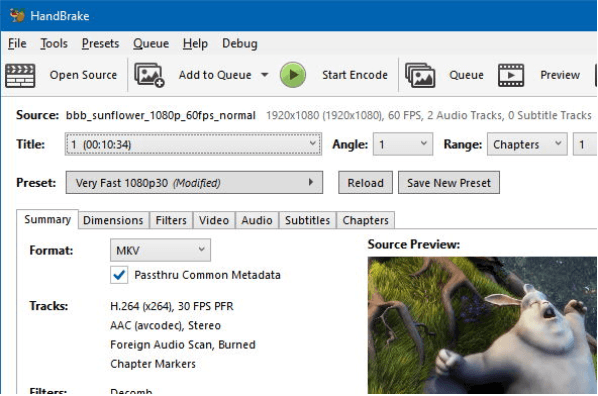 HandBrake container options showing why MOV export is unavailable