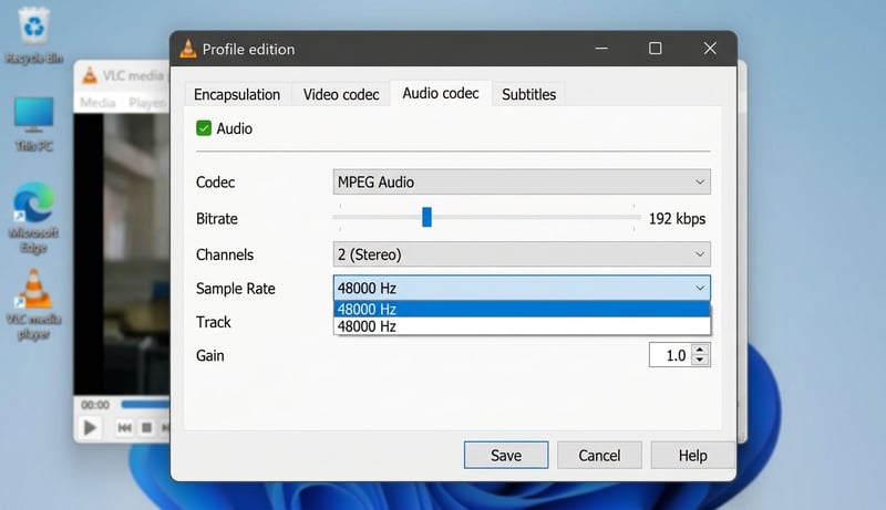VLC Audio codec settings 48000 Hz