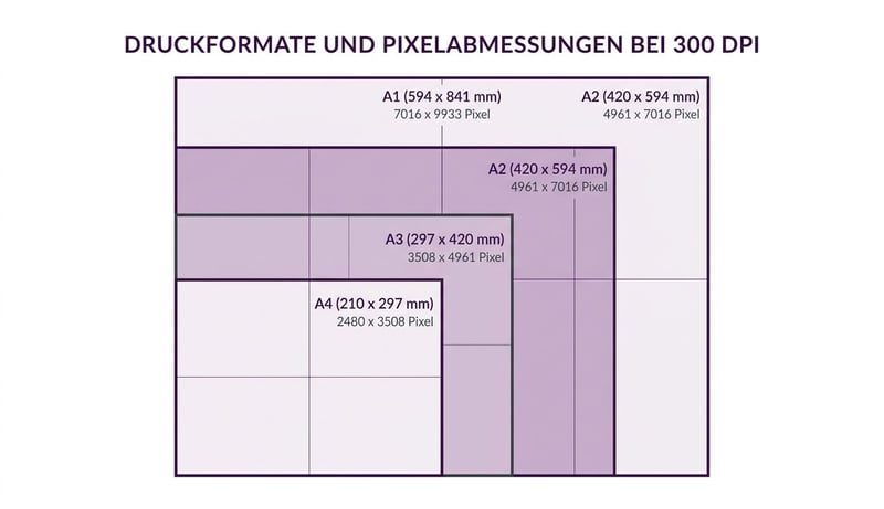 Konzept-Infografik: Papierformate A4 bis A1 mit den nötigen Pixelmaßen bei 300 DPI